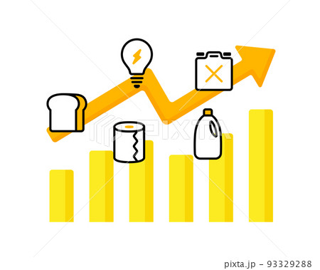 物価高騰／価格上昇のグラフイラスト　値上がり　インフレ　食品　日用品　電気代　油　灯油　燃料　矢印 93329288
