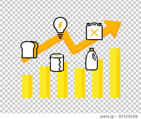 物価高騰／価格上昇のグラフイラスト　値上がり　インフレ　食品　日用品　電気代　油　灯油　燃料　矢印 93329288