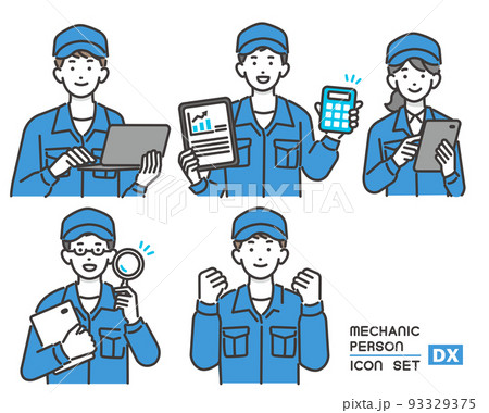 DX推進でタブレットやパソコンを持つ作業員の男女のベクターイラスト素材/ピッキング/IT/物流 DX推進でタブレットやパソコンを持つ作業員の男女のベクターイラスト素材/ピッキング/IT/物流 93329375