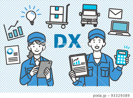 DX推進でタブレットやパソコンを持つ男女の作業員と物流（ロジスティクス）のアイコンのベクターイラスト 93329389