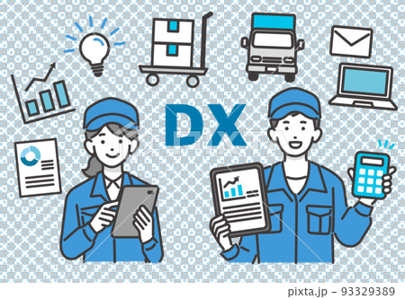 DX推進でタブレットやパソコンを持つ男女の作業員と物流（ロジスティクス）のアイコンのベクターイラスト 93329389