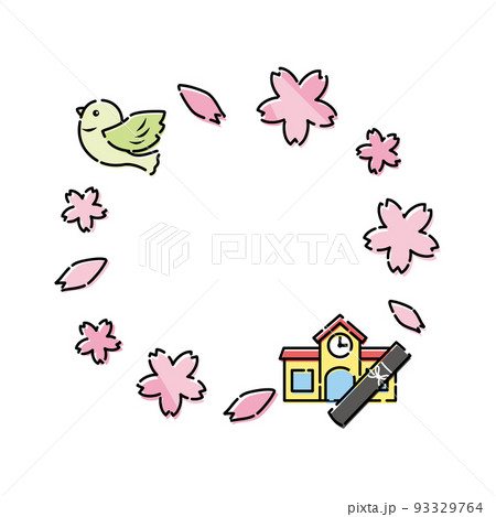 飛び立つ鳥と桜の花、園舎の卒園式フレーム 93329764