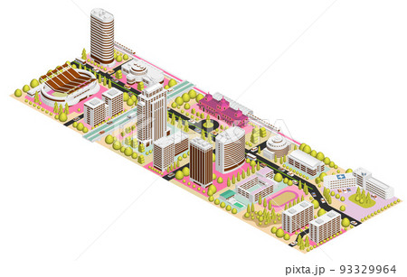 ブロックのように組み合わせれば大きな都市になる街並みイラスト　バリエーションあり 93329964