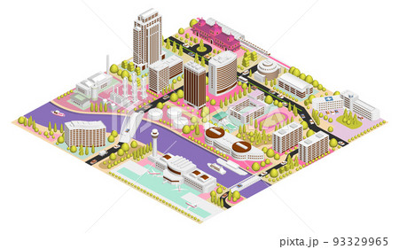 ブロックのように組み合わせれば大きな都市になる街並みイラスト　バリエーションあり 93329965