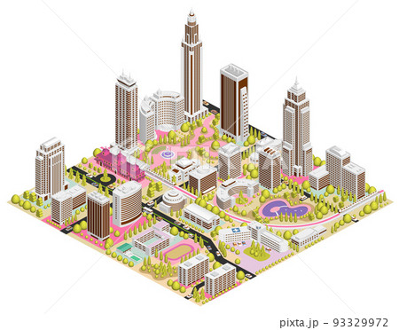 ブロックのように組み合わせれば大きな都市になる街並みイラスト　バリエーションあり 93329972