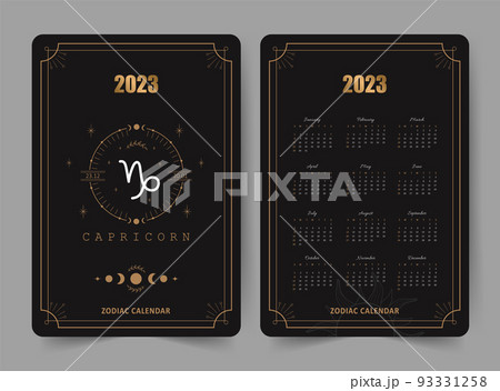 Zodiac capricorn calendar 2023. Pocket size. Front and back sides. Week starts on sunday. Astrological vector template ready to print. Vertical layout in English with horoscope sign 93331258