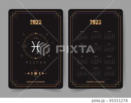 Zodiac pisces calendar 2023. Pocket size. Front and back sides. Week starts on sunday. Astrological vector template ready to print. Vertical layout in English with horoscope sign Zodiac pisces calendar 2023. Pocket size. Front and back sides. Week starts on sunday. Astrological vector template ready to print. Vertical layout in English with horoscope sign 93331278