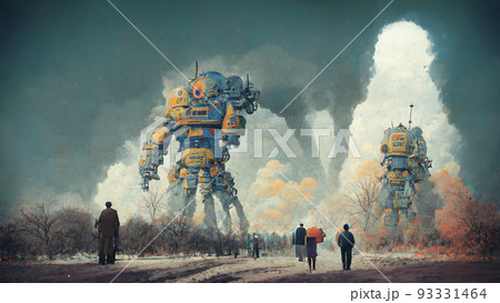 巨大なロボットが彷徨う荒廃した世界のイラスト素材