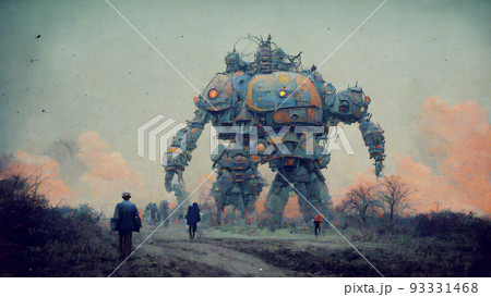 巨大なロボットが彷徨う荒廃した世界「AI生成画像」のイラスト素材 