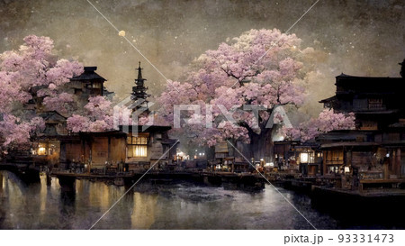 古い京都のような街並みの夜景　満開の夜桜　ファンタジーの世界「AI生成画像」 93331473