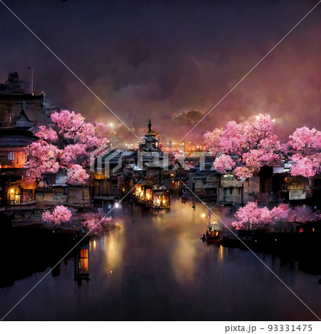 古い京都のような街並みの夜景　満開の夜桜　ファンタジーの世界「AI生成画像」 93331475
