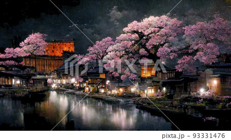 古い京都のような街並みの夜景　満開の夜桜　ファンタジーの世界「AI生成画像」 93331476