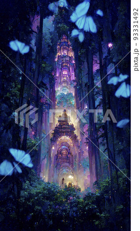 巨大な森の寺院 夜 紫の妖艶な光 空想 ファンタジーのイラスト素材