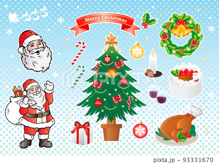 12月　クリスマス　飾り　ツリー　サンタクロース　ローストチキン　ケーキ　イラスト　セット 93331670