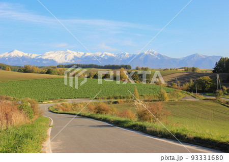秋の丘陵畑作地帯と冠雪の山並み 秋の丘陵畑作地帯と冠雪の山並み 93331680