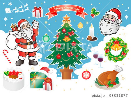 12月　クリスマス　飾り　クリスマスツリー　サンタクロース　ローストチキン　ケーキ　イラスト　セット 93331877