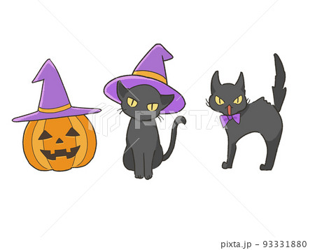 ハロウィン 帽子を被ったジャックオーランタンと黒猫 ハロウィン 帽子を被ったジャックオーランタンと黒猫 93331880