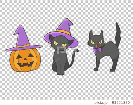 ハロウィン 帽子を被ったジャックオーランタンと黒猫 ハロウィン 帽子を被ったジャックオーランタンと黒猫 93331880