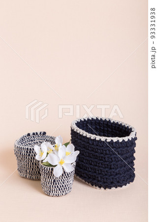 Hobbies and creativity, crochet. Knitted basket organizers handmade from natural cotton for storing things, for cosmetics and personal accessories, interior decor and organizing home space and comfort Hobbies and creativity, crochet. Knitted basket organizers handmade from natural cotton for storing things, for cosmetics and personal accessories, interior decor and organizing home space and comfort 93331938