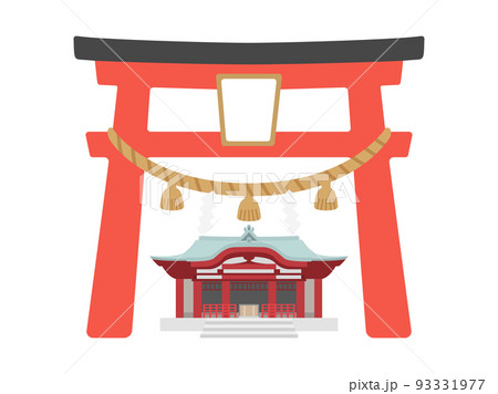 しめ縄のついた鳥居と、神社の外観のイラスト しめ縄のついた鳥居と、神社の外観のイラスト 93331977
