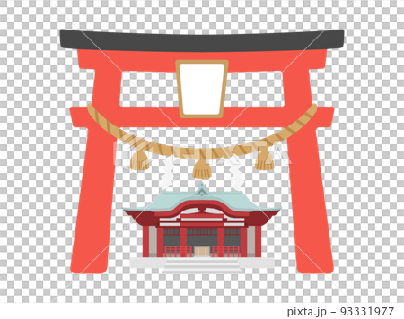しめ縄のついた鳥居と、神社の外観のイラスト しめ縄のついた鳥居と、神社の外観のイラスト 93331977