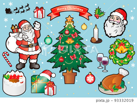 12月　クリスマス　飾り　クリスマスツリー　サンタクロース　ローストチキン　ケーキ　イラスト　セット 93332019