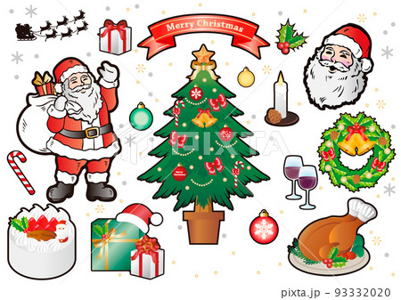 12月　クリスマス　飾り　クリスマスツリー　サンタクロース　ローストチキン　ケーキ　イラスト　セット 93332020