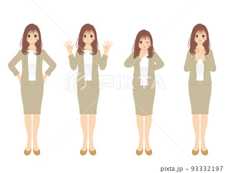 働く女性イラストセット　全身　ベージュスーツ　茶髪 93332197