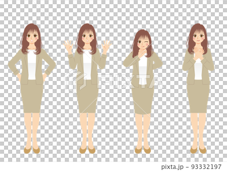 働く女性イラストセット　全身　ベージュスーツ　茶髪 93332197