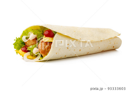 Tortilla wrap with fried chicken meat and vegetables isolated on white background Tortilla wrap with fried chicken meat and vegetables isolated on white background 93333603