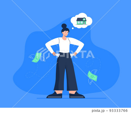 No money. Bankruptcy, poverty, economic crisis, and troubles. A woman is turning out empty pockets and thinking about unpaid loans. Vector flat illustration isolated on the white background. No money. Bankruptcy, poverty, economic crisis, and troubles. A woman is turning out empty pockets and thinking about unpaid loans. Vector flat illustration isolated on the white background. 93333766