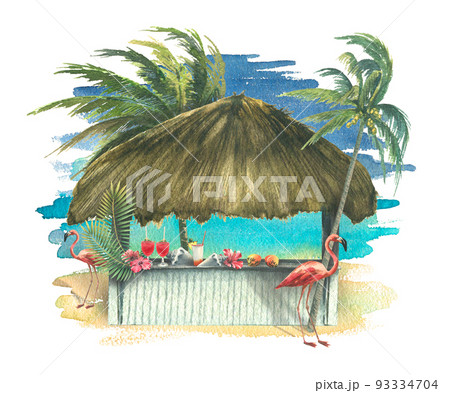 A beach bar with a roof of dry branches, with palm trees, pink flamingos and a watercolor background. An illustration from a large CUBA set. For decoration, design of postcards, posters, souvenirs. A beach bar with a roof of dry branches, with palm trees, pink flamingos and a watercolor background. An illustration from a large CUBA set. For decoration, design of postcards, posters, souvenirs. 93334704