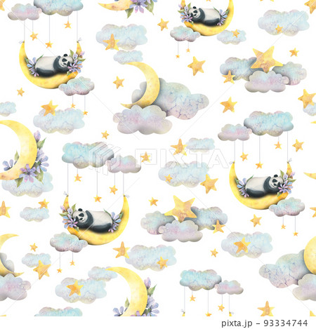Watercolor illustration of a cute panda sleeping on the moon with lilac flowers, among clouds and stars. Gentle, childlike, seamless pattern. For fabric, textiles, prints, wallpaper, paper, clothing 93334744