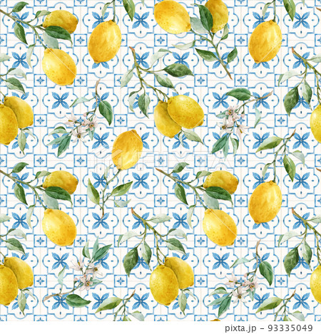 Beautiful vector seamless pattern in Sicilian style with hand drawn watercolor lemons and blue tiles. Stock illustration. Beautiful vector seamless pattern in Sicilian style with hand drawn watercolor lemons and blue tiles. Stock illustration. 93335049