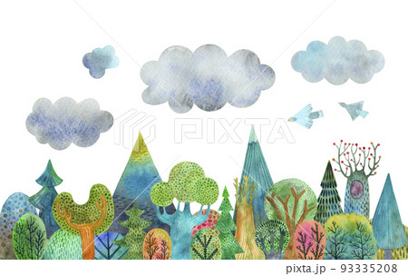 Magic colorful forest sticker. Watercolor Hand drawn illustration. 93335208