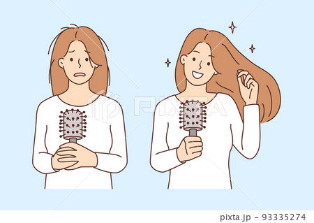 Woman before and after hair treatment  93335274