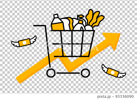 食品の物価高騰のイメージイラスト　スーパー　値上げ　価格上昇　インフレ　生活費　食品　食費　カート 93336090