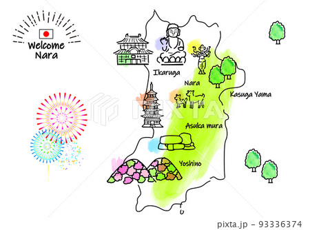 手描きの奈良の観光地のシンプル線画イラストマップ 手描きの奈良の観光地のシンプル線画イラストマップ 93336374