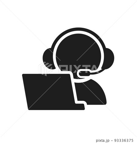 パソコンの前でヘッドセットで通話する人のアイコン - オペレーター･カスタマーサポートのイメージ素材 93336375