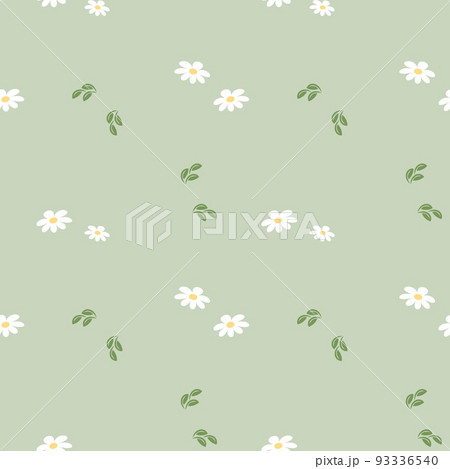 Seamless pattern, small white daisies and leaves on a green background. Print, background, vector 93336540