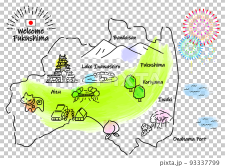 手描きの福島の観光地のシンプル線画イラストマップ 93337799