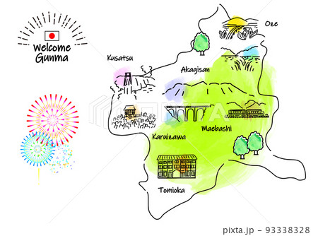 手描きの群馬県の観光地のシンプル線画イラストマップ