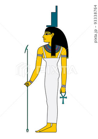 Isis, goddess in ancient Egypt religion, wearing a sheath dress and a throne hieroglyph on her head, holding a was sceptre and an ankh. The sister and wife of Osiris, whom she resurrected from death. 93338764