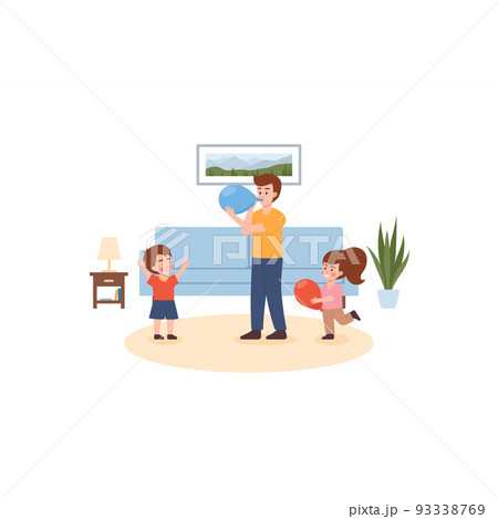 Happy family inflate balloons together, father with son and daughter - flat vector illustration isolated on white. 93338769