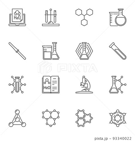 Chemical vector concept icons or signs in thin line style Chemical vector concept icons or signs in thin line style 93340022