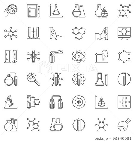 Chemistry linear icons set. Microscope, atom, flask symbols 93340081