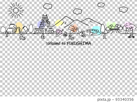 Simple line drawing illustration of the streets and people of tourist spots in Fukushima Prefecture 93340356