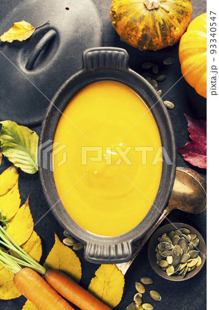 Homemfde Pumpkin soup in Black Cast Iron Pot Homemfde Pumpkin soup in Black Cast Iron Pot 93340547