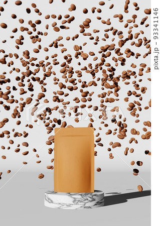 Paper pouch bag mockup falling coffee beans marble podium white background 3D render. Merchandise advertising packaging 93341146