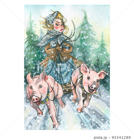 Watercolor illustration based on the fairy tale Morozko with a village girl on a sleigh pulled by pigs. For the design and decoration of New Year and Christmas posters, postcards, packaging, covers. 93341289